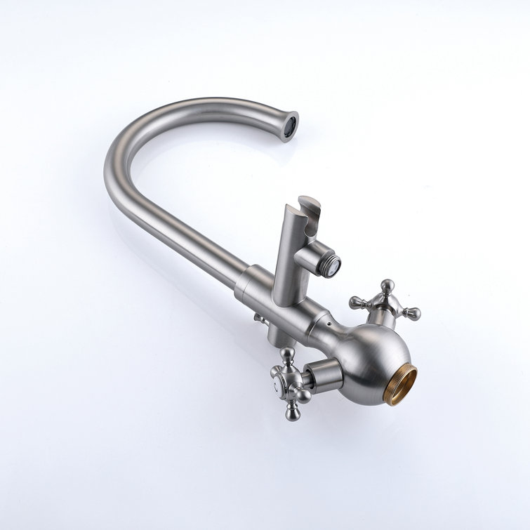 Brushed Nickel Freestanding Tub Filler with Handheld Shower