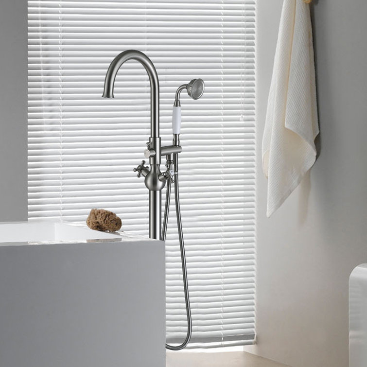 Brushed Nickel Freestanding Tub Filler with Handheld Shower