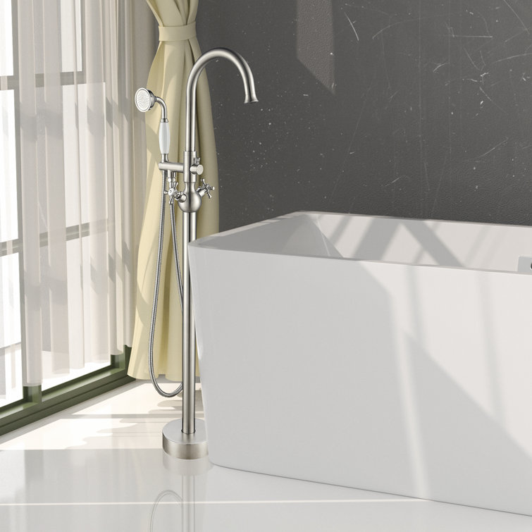 Brushed Nickel Freestanding Tub Filler with Handheld Shower