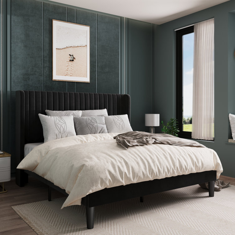 Elegant Velvet Queen Bed with Tufted Wingback Headboard and Metal Frame