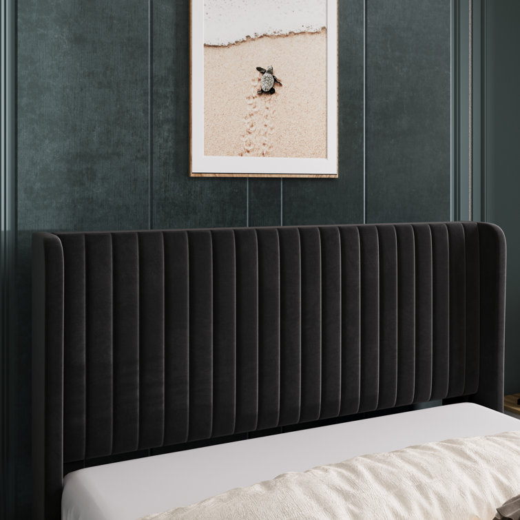 Elegant Velvet Queen Bed with Tufted Wingback Headboard and Metal Frame