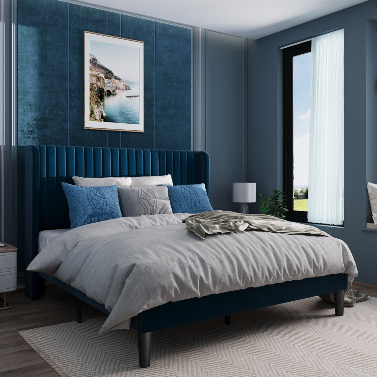Elegant Navy Blue Velvet Queen Bed with Tufted Wingback Headboard