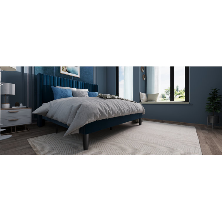 Elegant Navy Blue Velvet Queen Bed with Tufted Wingback Headboard