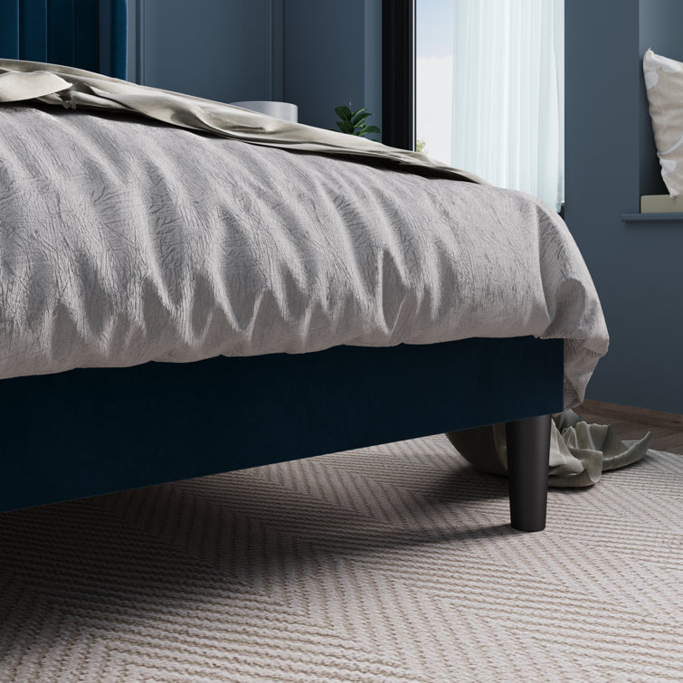 Elegant Navy Blue Velvet Queen Bed with Tufted Wingback Headboard
