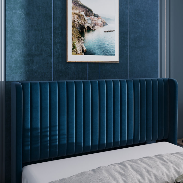 Elegant Navy Blue Velvet Queen Bed with Tufted Wingback Headboard