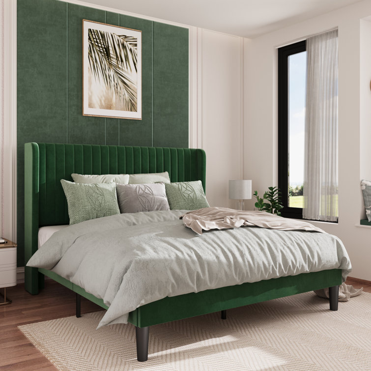 Elegant Teal Velvet Queen Platform Bed with Tufted Wingback Headboard