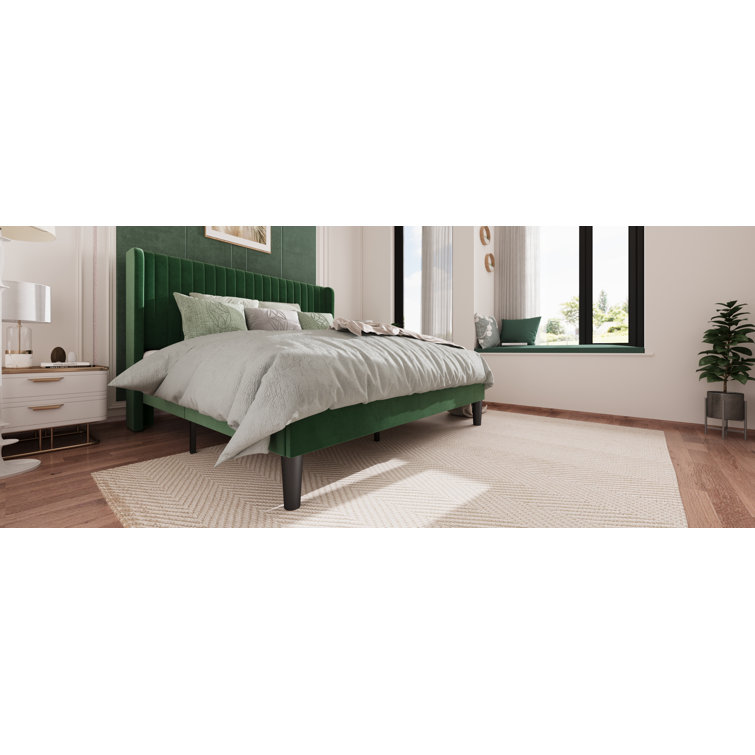 Elegant Teal Velvet Queen Platform Bed with Tufted Wingback Headboard