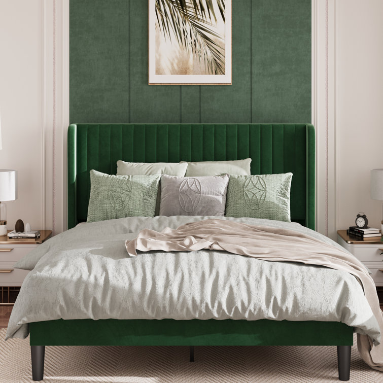 Elegant Teal Velvet Queen Platform Bed with Tufted Wingback Headboard