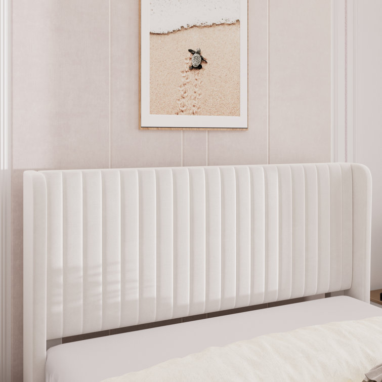 Elegant White Velvet Queen Bed with Tufted Wingback Headboard