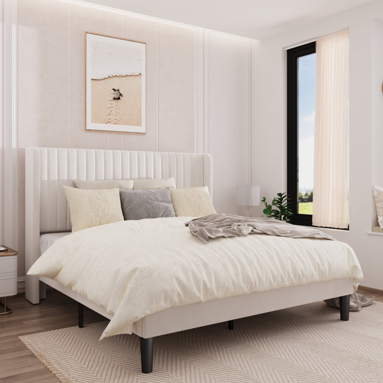 Elegant White Velvet Queen Bed with Tufted Wingback Headboard