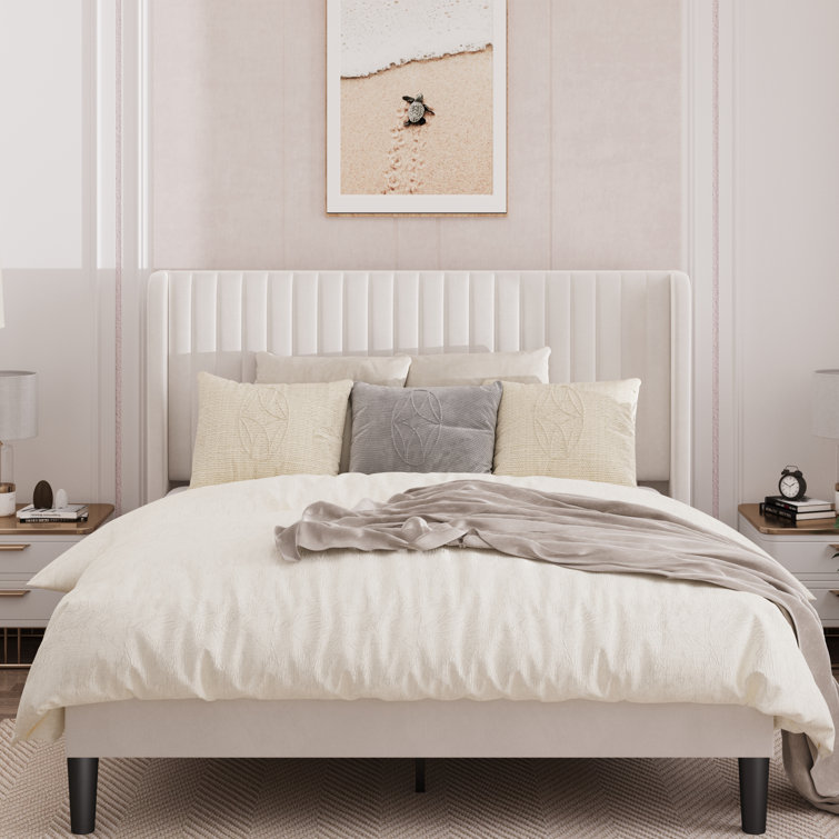 Elegant White Velvet Queen Bed with Tufted Wingback Headboard