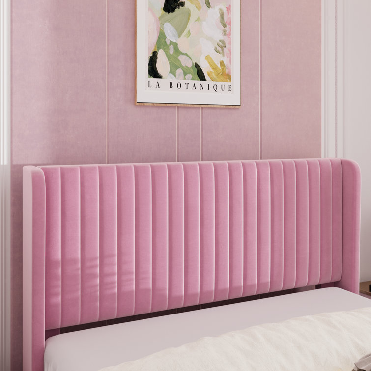 Elegant Pink Velvet Queen Bed with Tufted Wingback Headboard