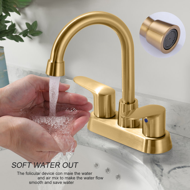 Brushed Gold Stainless Steel Double Handle High Arc Bathroom Faucet