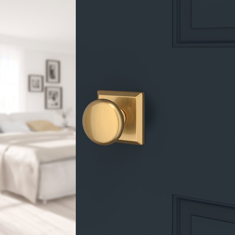 Satin Brass Round Privacy Door Knob with Square Rose