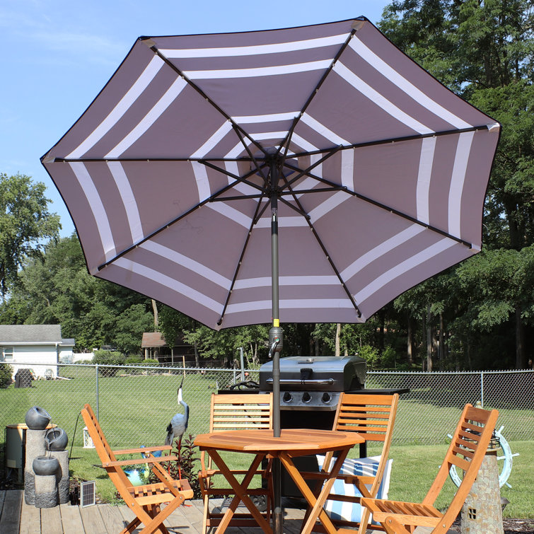 Navy Blue Striped Aluminum Market Umbrella with Solar LED Lights