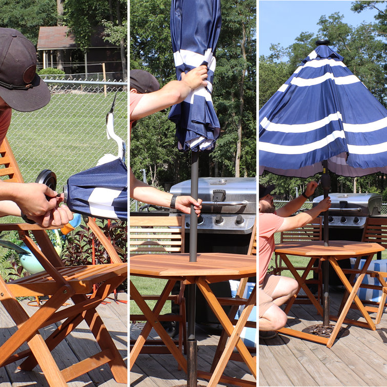Navy Blue Striped Aluminum Market Umbrella with Solar LED Lights