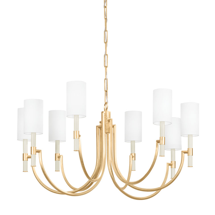 Vintage Gold Leaf 8-Light Chandelier with White Linen Shades