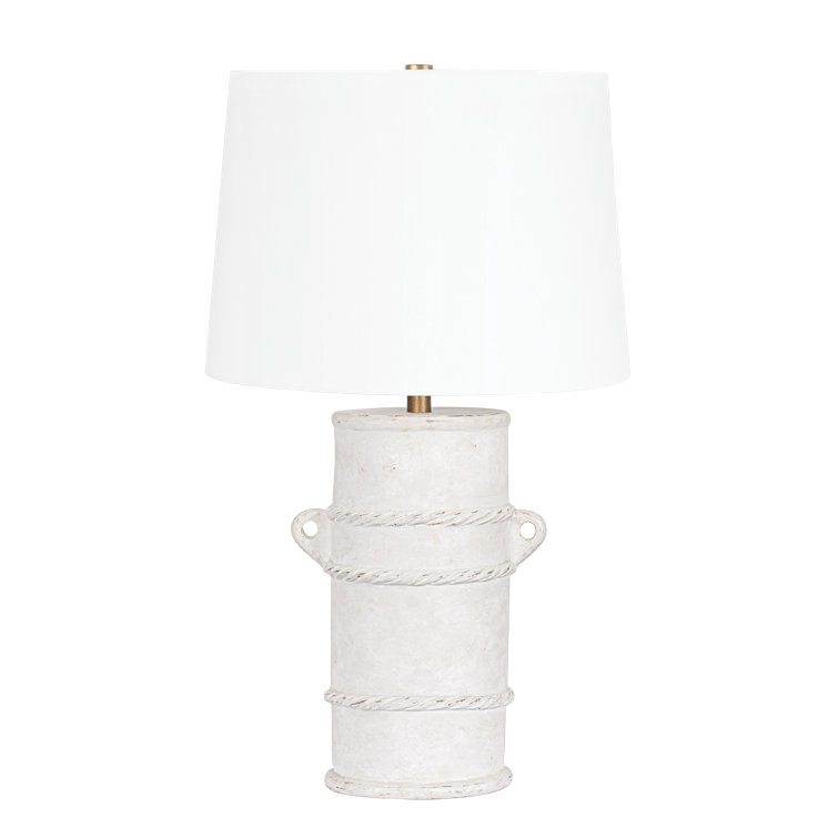 28" White Linen Shade Patina Brass Terracotta Table Lamp