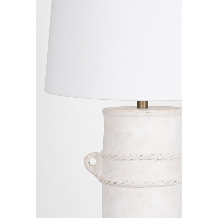 28" White Linen Shade Patina Brass Terracotta Table Lamp