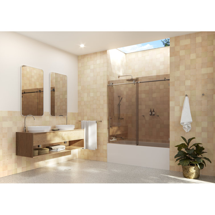 Equinox 60" Frameless Bronze Tinted Sliding Bathtub Door with Nickel Finish