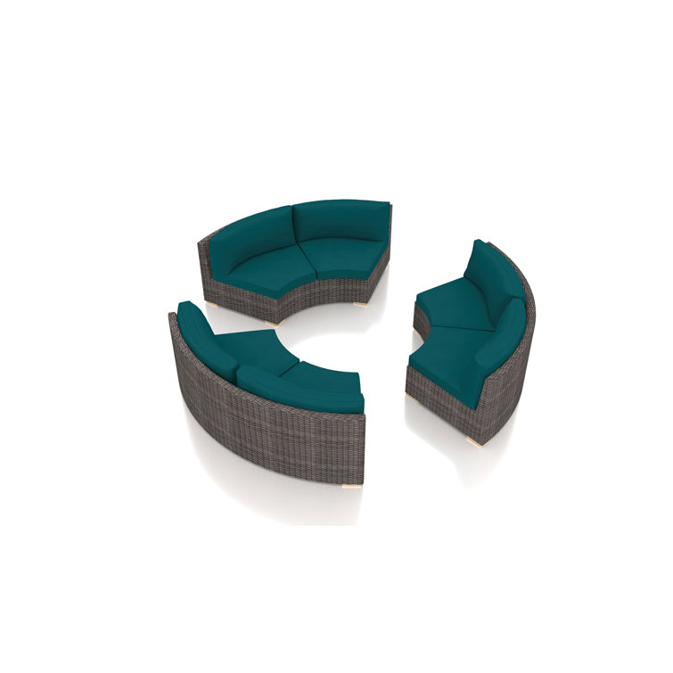 Curved Gray Wicker Outdoor Sectional with Teal Cushions