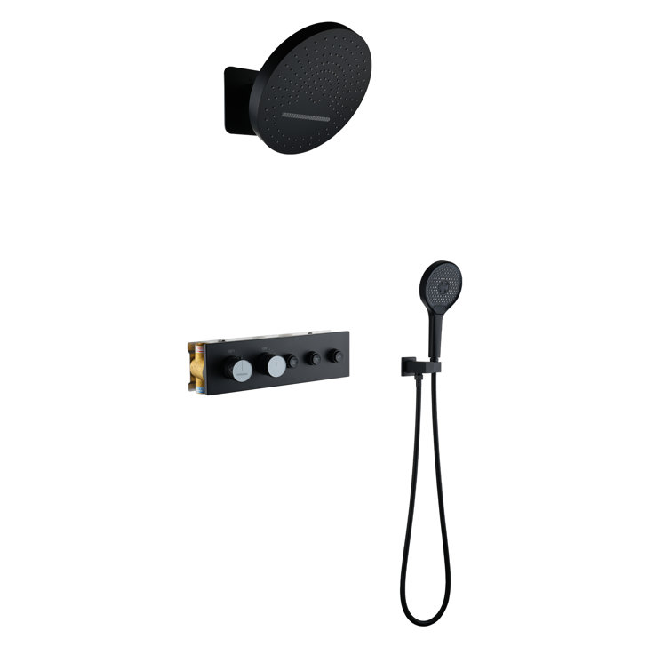 Matte Black Thermostatic Rainfall Shower System with Handheld