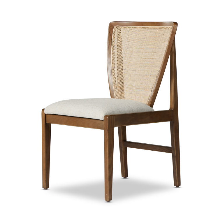 High Back White Linen and Cane Wood Side Chair