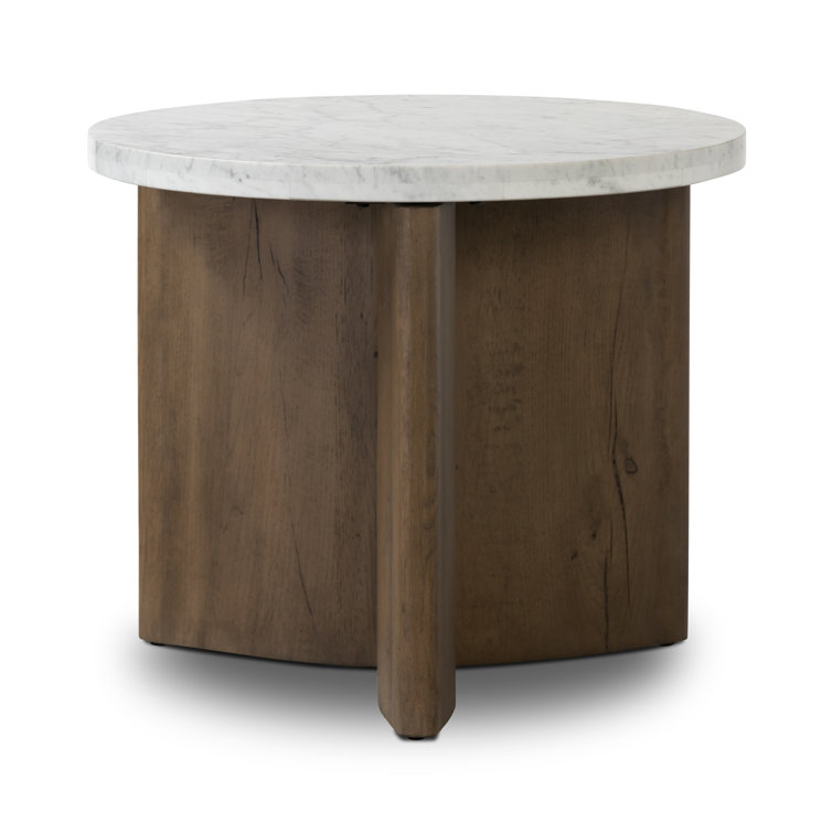Rustic Fawn Oak and White Marble Round End Table
