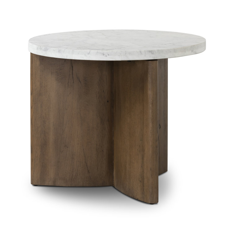 Rustic Fawn Oak and White Marble Round End Table