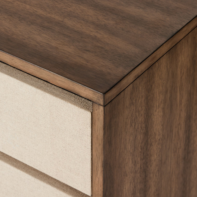 Beige Linen and Mahogany 3-Drawer Nightstand