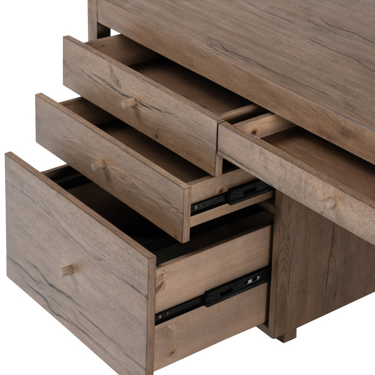 Natural Beige Wood Executive Desk with Drawers and Filing Cabinet