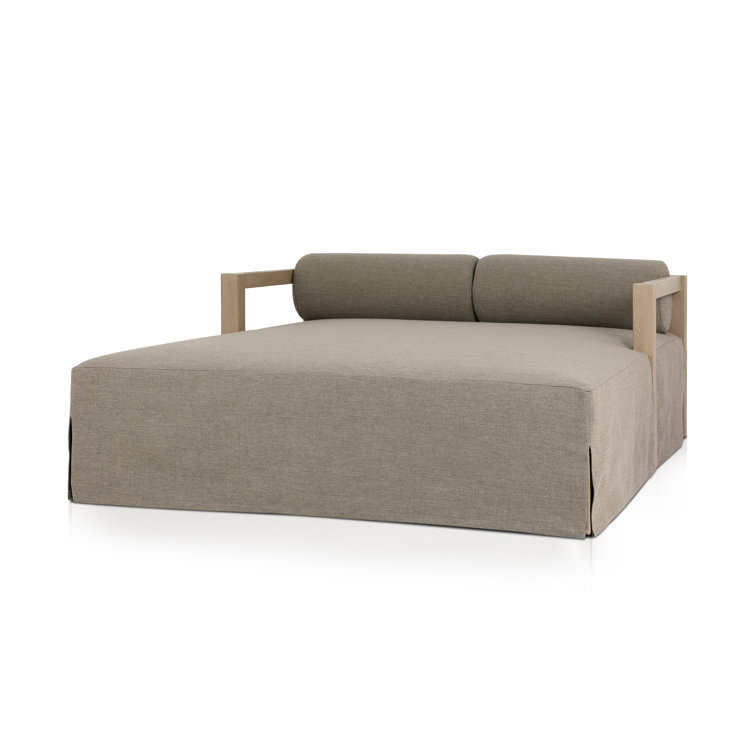Gray Teak and Linen Outdoor Daybed with Bolster Cushions