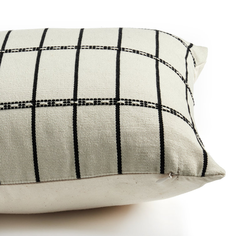 Handwoven Rectangular Off-White and Black Cotton Throw Pillow