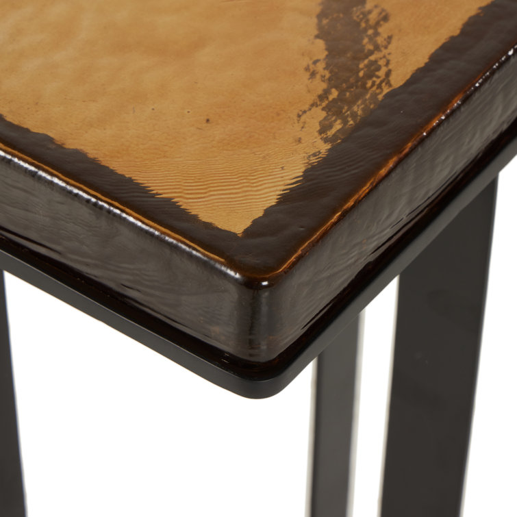 Amber Cast Glass Top Square End Table with Black Cross Legs
