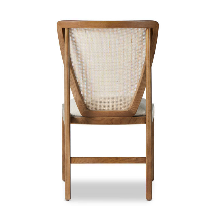 High Back White Linen and Cane Wood Side Chair
