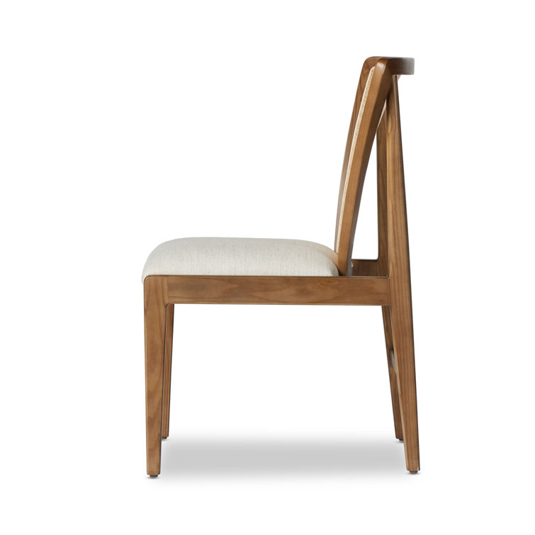 High Back White Linen and Cane Wood Side Chair