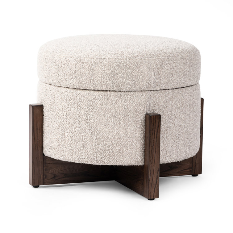 Esben Round Storage Ottoman in Saddle Fog Boucle with Dark Brown Parawood Base
