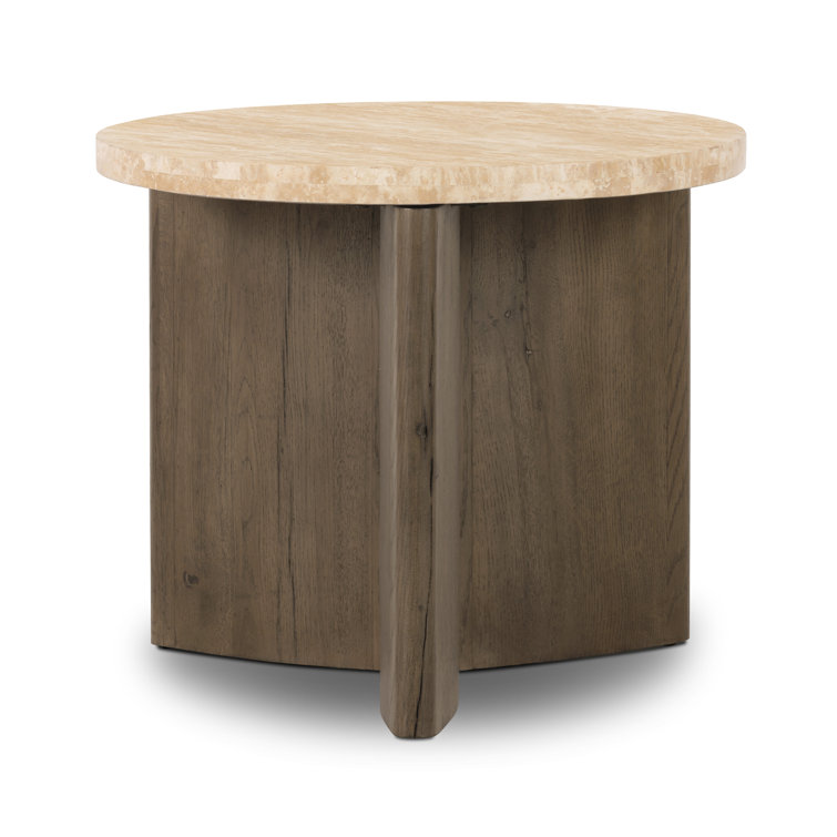 Contemporary Bianco Oak Round End Table with Italian Marble Top
