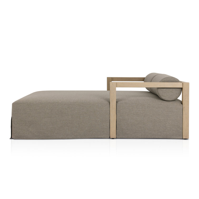 Gray Teak and Linen Outdoor Daybed with Bolster Cushions