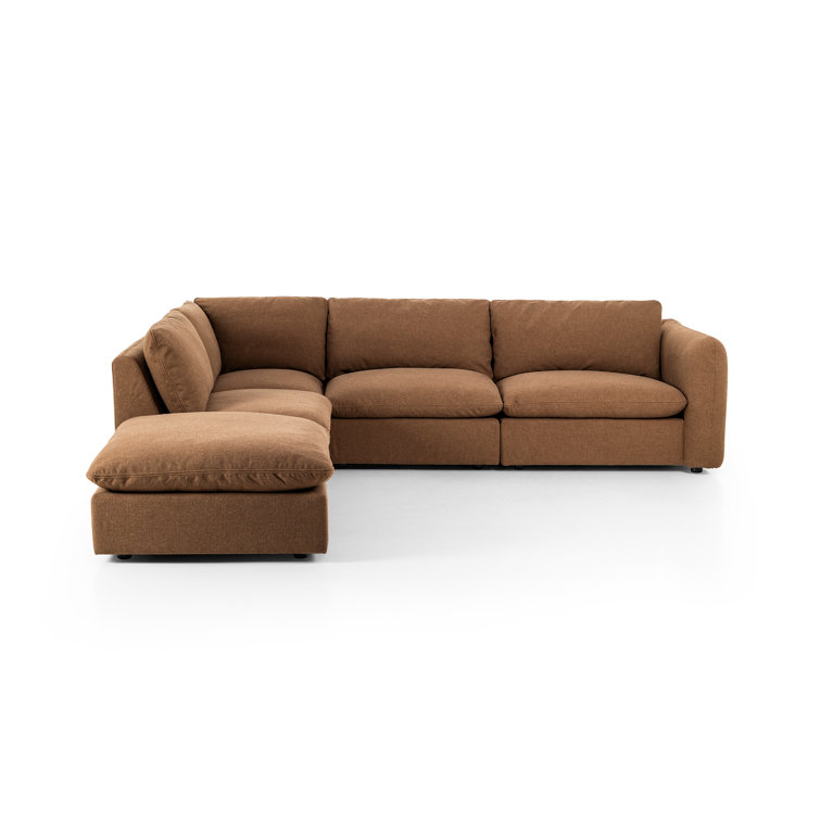Brown Linen 4-Piece Sectional Sofa with Ottoman