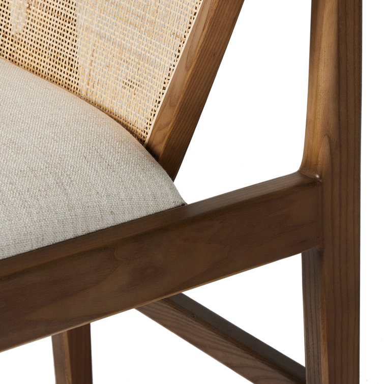 High Back White Linen and Cane Wood Side Chair
