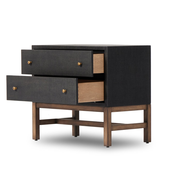 Black Raffia and Mahogany 2-Drawer Nightstand