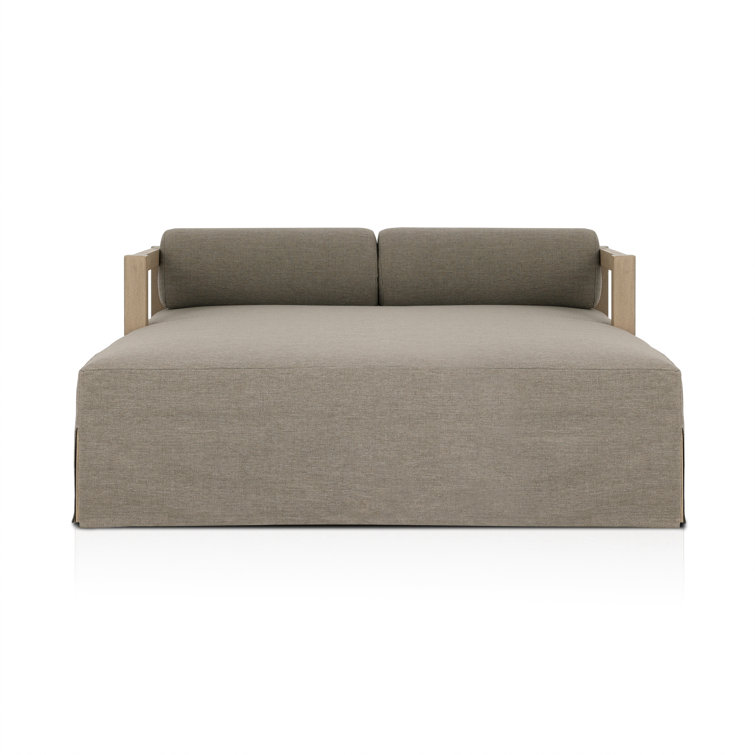 Gray Teak and Linen Outdoor Daybed with Bolster Cushions