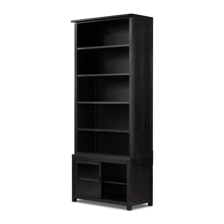 Adjustable Black Oak Ladder Bookcase with Glass Doors