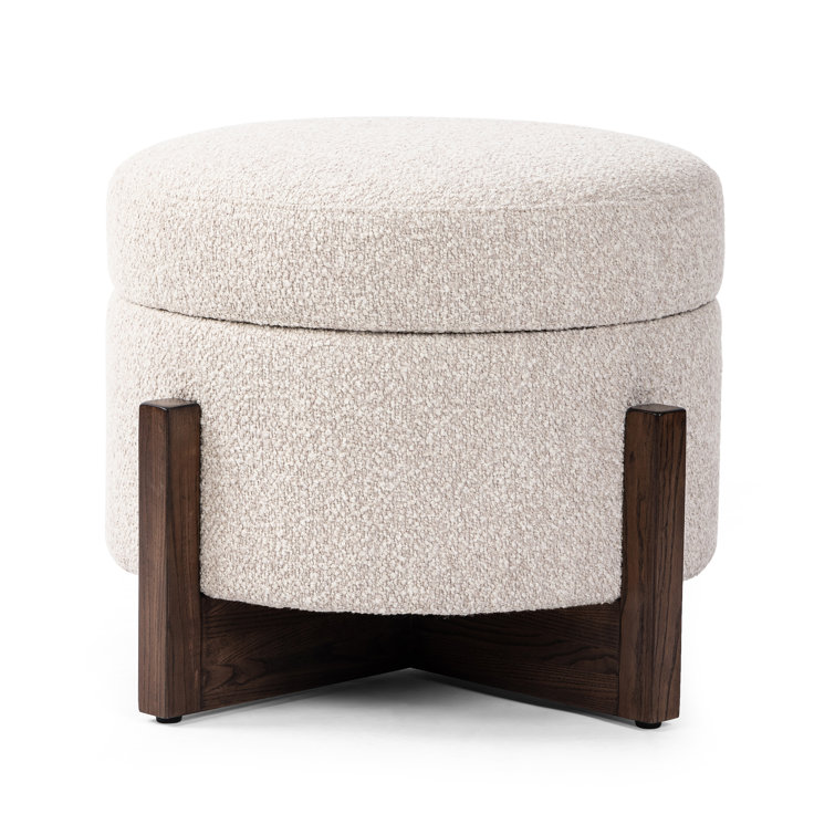 Esben Round Storage Ottoman in Saddle Fog Boucle with Dark Brown Parawood Base