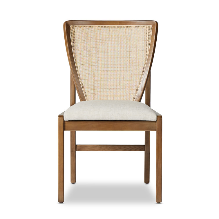 High Back White Linen and Cane Wood Side Chair