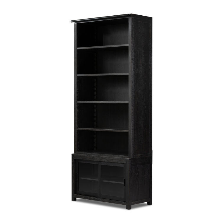 Adjustable Black Oak Ladder Bookcase with Glass Doors