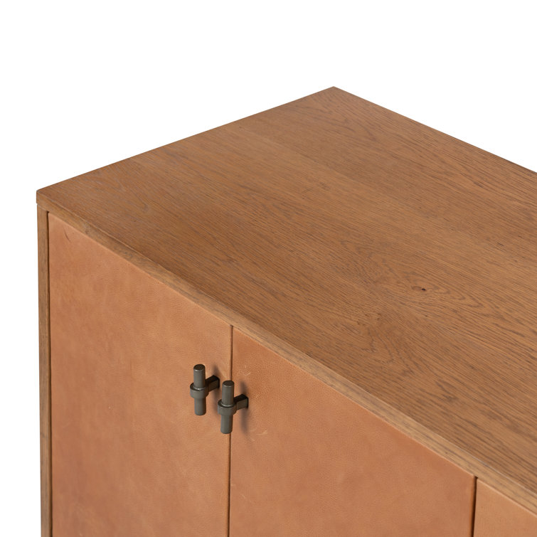 Amber Oak and Cognac Leather Media Console with Cabinet