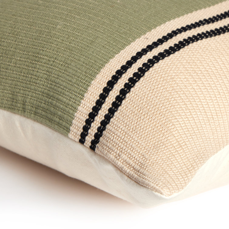 Handwoven Sage and Beige Cotton Lumbar Pillow
