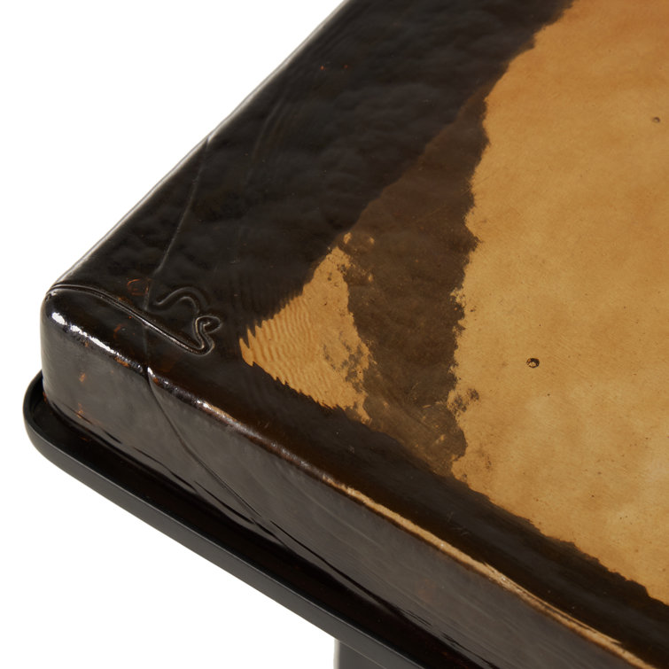 Amber Cast Glass Top Square End Table with Black Cross Legs